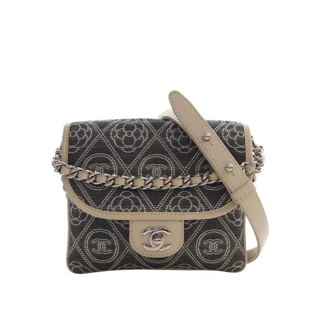 Gray Chanel Camellia Printed Canvas Double Side Flap Satchel in Grey Canvas from Designer Revival