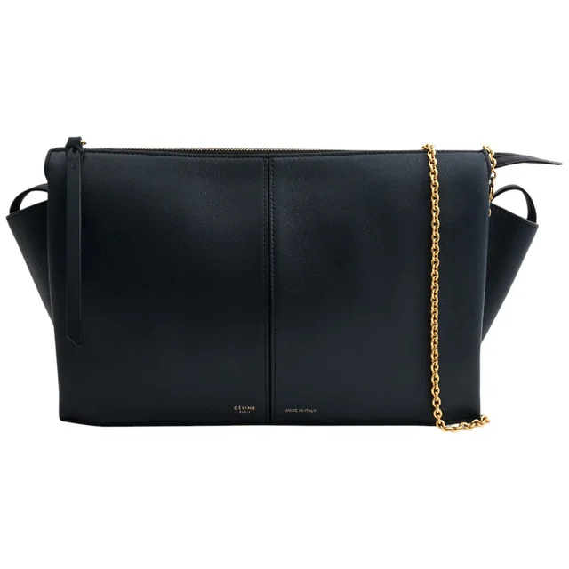 Celine Logo Chain Shoulder Bag - Navy in Navy Leather from VINTAGE QOO TOKYO