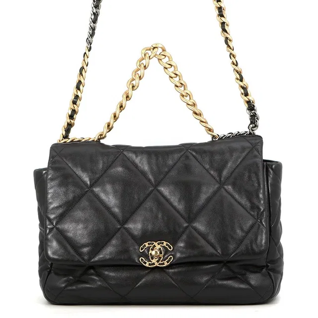 Chanel Chain Shoulder Bag 19 Dizeneuf CC Logo Maxi Shiny Lambskin 2-Way Black in Black Lambskin from The Reluxe