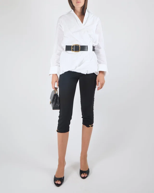 Loewe White Ribbed Shirt with Puff Trim and Black Belt with Gold Buckle Detail Size FR 36 (UK 8) in Black from Sellier