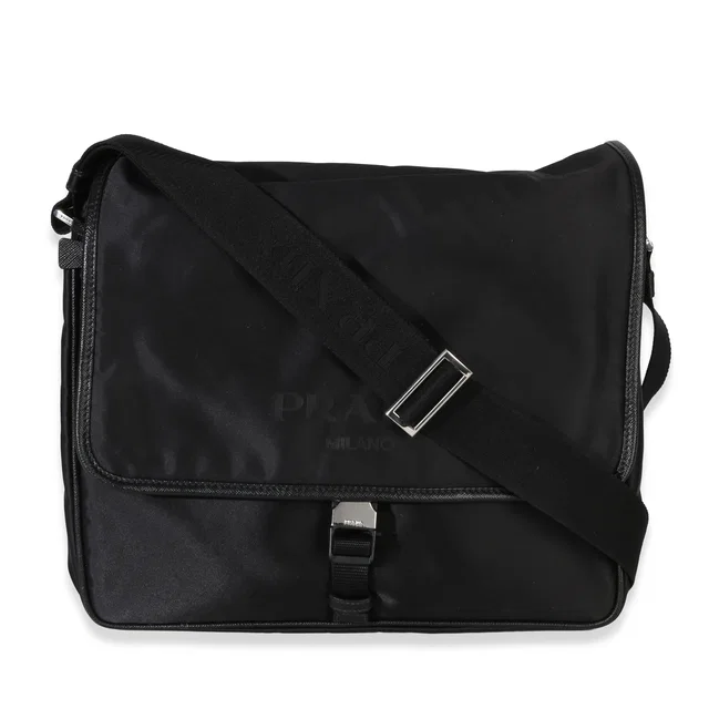 Prada Black Nylon Saffiano Logo Buckle Messenger Bag Handbag in Black Saffiano leather from HEWI