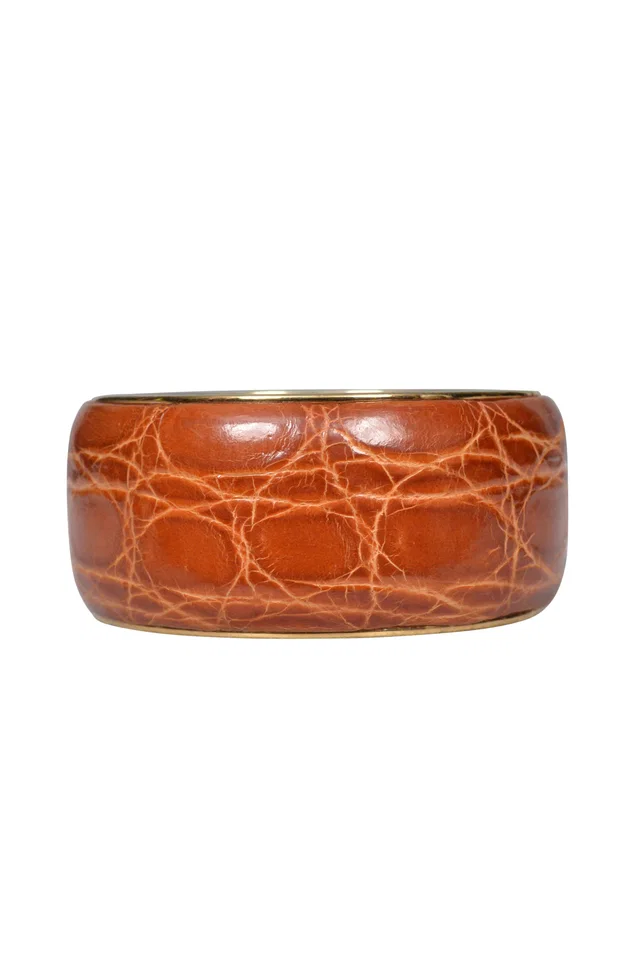 Dolce & Gabbana Brown Glazed Crocodile Embossed Leather Covered Brass Bangle Bracelet in Brown Crocodile from Resurrection Vintage