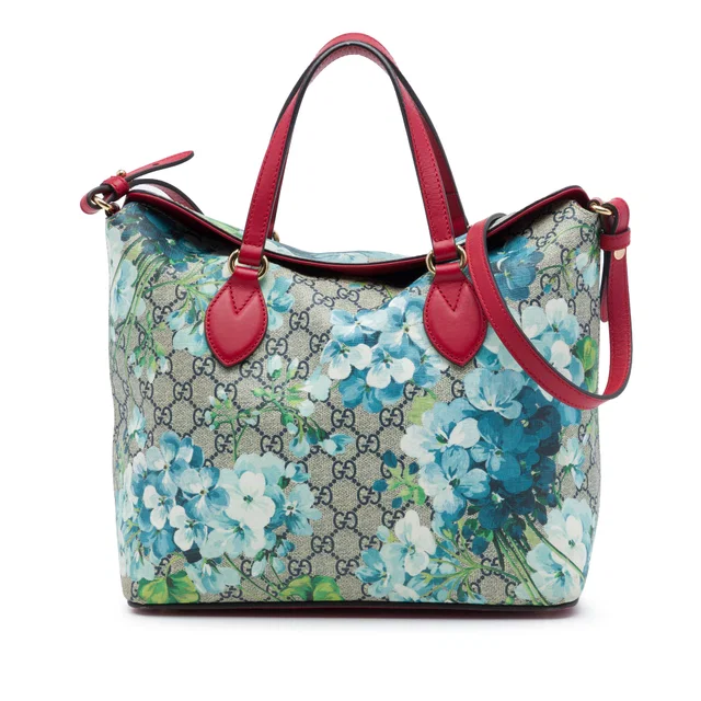 Red Gucci GG Supreme Blooms Linea A Fold Over Tote Satchel in Red Coated canvas from Designer Revival