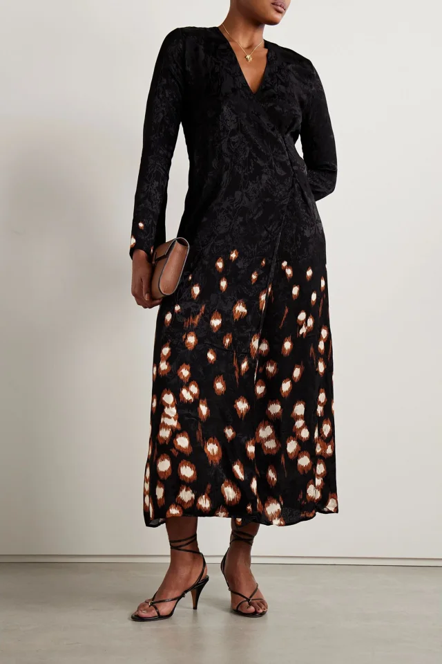 Johanna Ortiz Inner Strength Printed Satin-Jacquard Midi Wrap Dress in Black, photo 3 of 5 from THE OUTNET