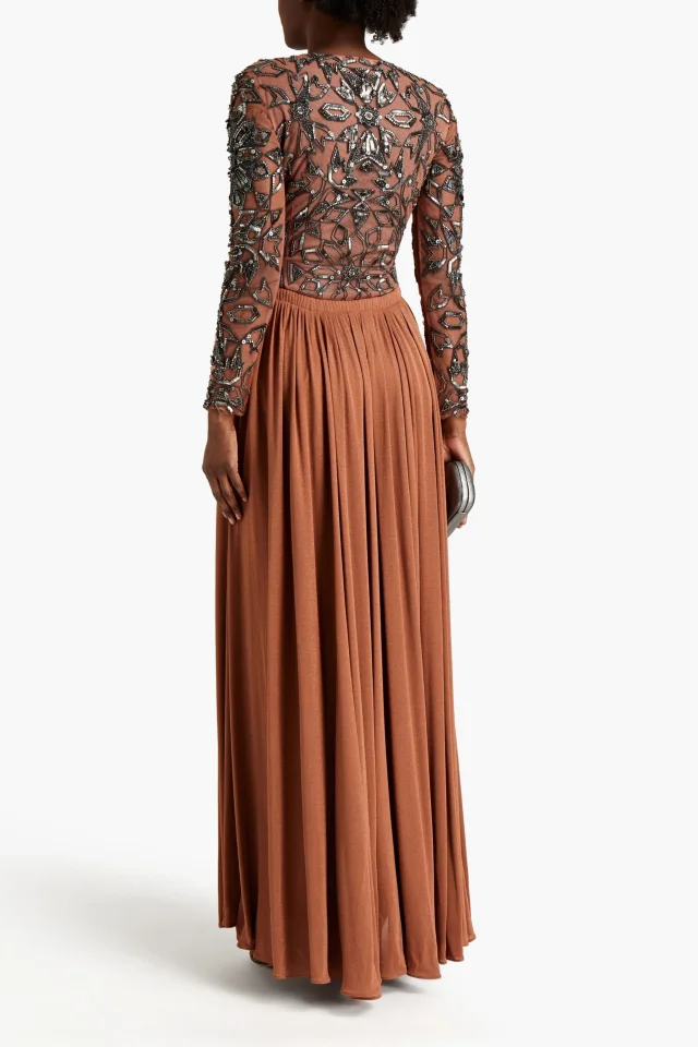 Roberto Cavalli Embellished Tulle-Paneled Pleated Knitted Maxi Dress in Brown, photo 3 of 4 from THE OUTNET