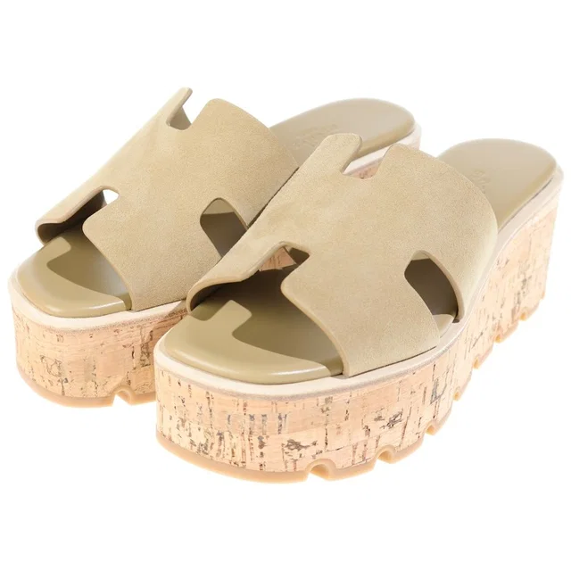 Hermès Eze Wedge Sole Sandals Thick Suede Cork Beige in Beige Suede from The Reluxe