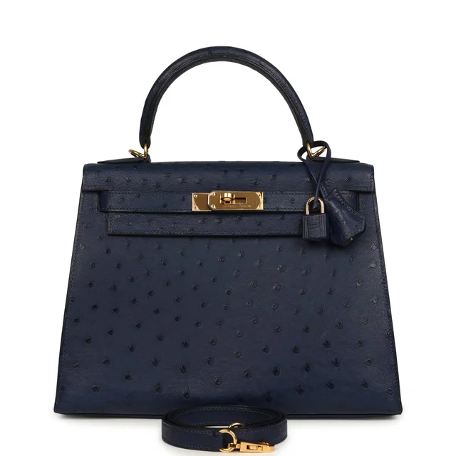 Hermès Kelly Sellier 28 Bleu Iris Ostrich Gold Hardware in Blue Ostrich from Madison Avenue Couture