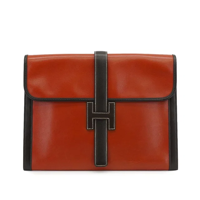Hermès Jige GM Brique Chocolat Box Calf Clutch Bag 1993 Circle W in Box leather from Luxury Promise