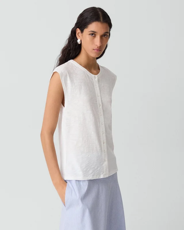 Theory Crewneck Button-Up Top in Organic Slub Cotton, photo 3 of 6 from Theory