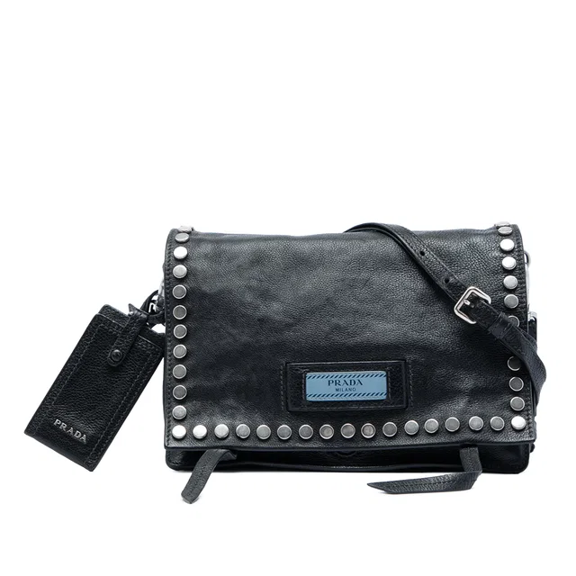 Black Prada Glace Calf Studded Etiquette Flap Satchel in Black Leather from Designer Revival