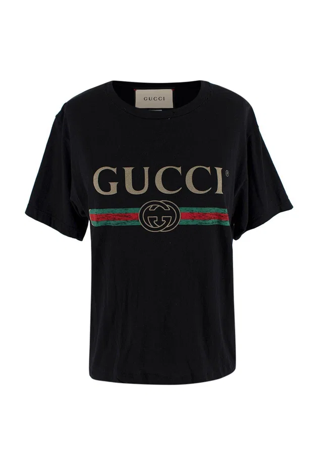 Gucci Black Washed Logo Distressed T-Shirt in Black from HEWI