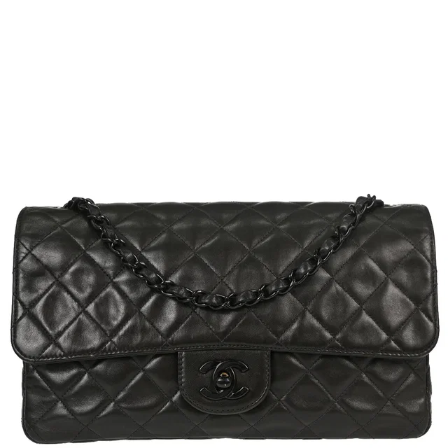 Chanel Black Lambskin Medium Single Flap Shoulder Bag in Black Lambskin from AMORE Vintage Tokyo