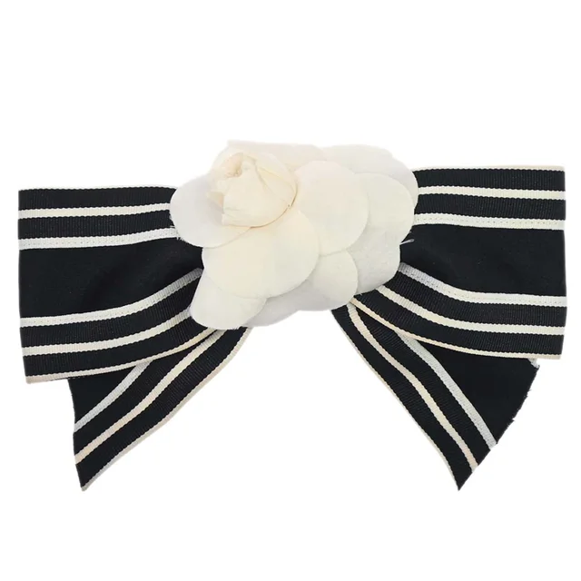Chanel Camellia Bow Hair Barrette Black Satin Hair Accessories in Black Satin from AMORE Vintage Tokyo