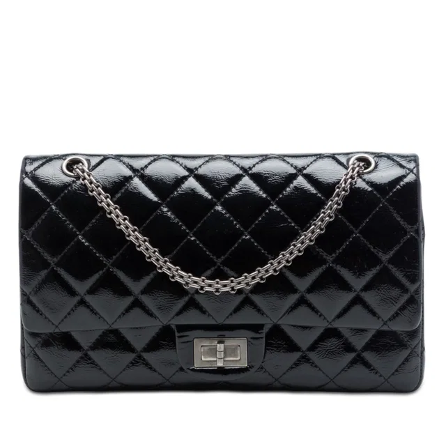 Black Chanel Quilted Crinkled Patent Reissue 2.55 Double Flap 227 Shoulder Bag in Black Patent leather from Designer Revival