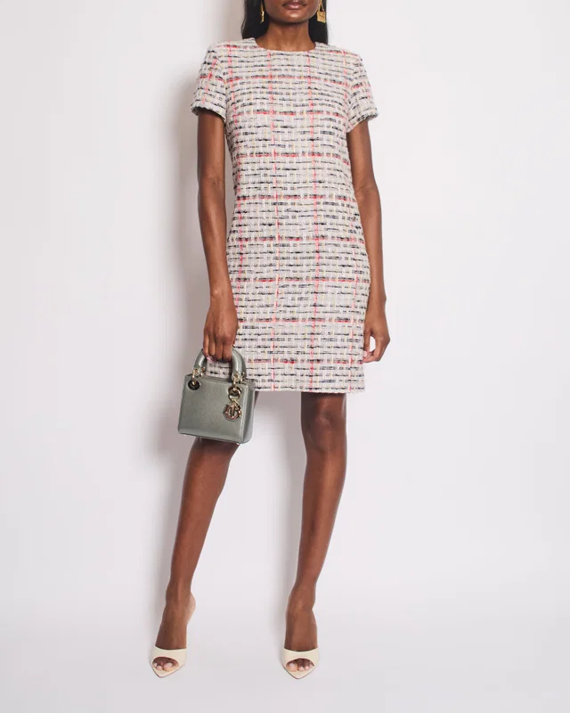 Chanel 18/P Grey Tweed Short Sleeve Midi Dress with CC Logo Button Detail Size FR 36 (UK 8) in Grey Tweed from Sellier