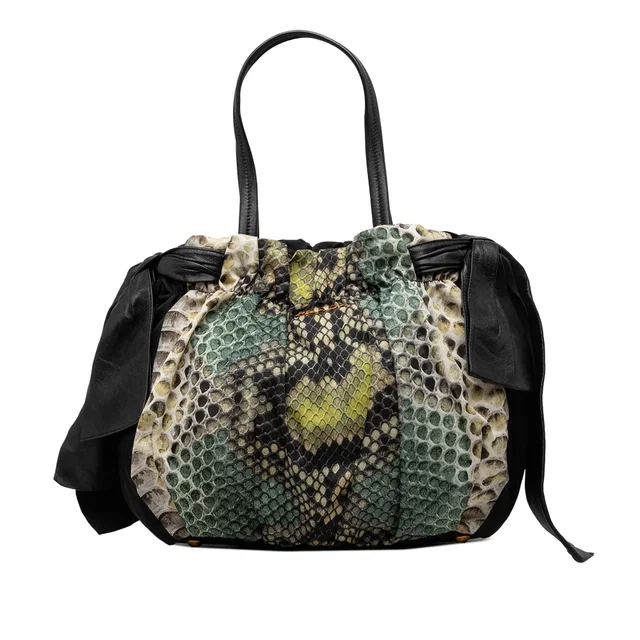 Black Prada Tessuto Python Print Bow Satchel in Black Python from Designer Revival