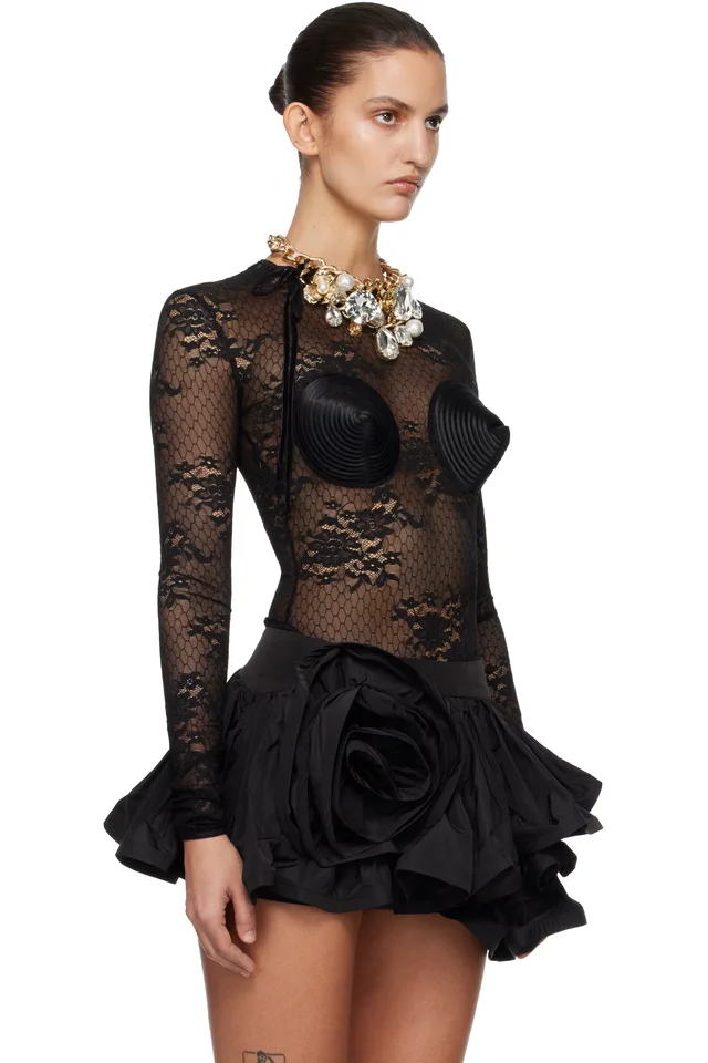 VAQUERA Black Lace Bullet Bra Bodysuit, photo 2 of 5 from SSENSE