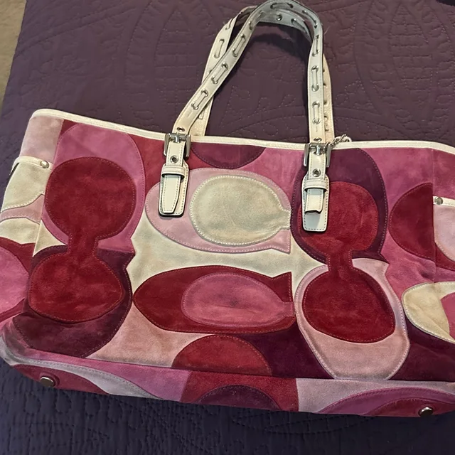 Coach Pink And Burgundy Suede Tote With White Leather Handles in red|pink Suede from Poshmark