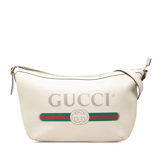 White Gucci Grained Calfskin Logo Half Moon Crossbody in White Caviar leather from Designer Revival