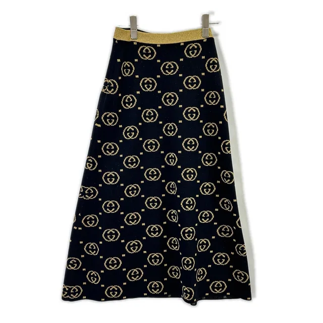 Gucci Black GG Pattern Gold Lame Long Wool Skirt XS in Black Wool from The Reluxe