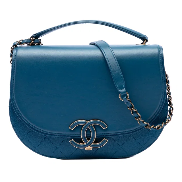 Blue Chanel Medium Shiny Calfskin and Quilted Goatskin Coco Curve Flap Satchel in Blue Calfskin from Designer Revival