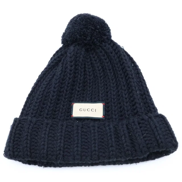 Gucci Front Logo Patch Wool Knit Hat Beanie Black in Black Wool from The Reluxe