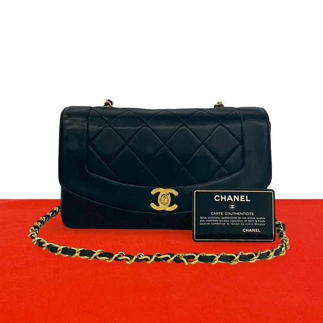 Chanel Card Quilted Diana Flap Coco Lambskin Chain Shoulder Bag Black in Black Lambskin from The Reluxe