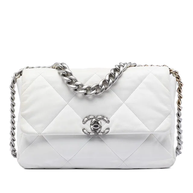 White Chanel Large Lambskin 19 Flap Satchel in White Lambskin from Designer Revival