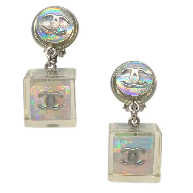 Chanel Dangle Cube Earrings Clip-On Clear 97P in Resin from AMORE Vintage Tokyo