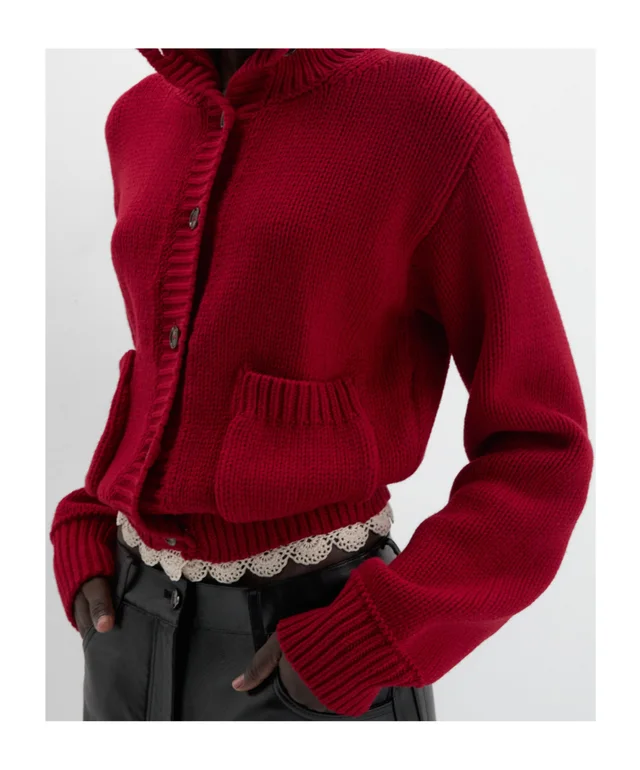 Magda Butrym Cinched wool cardigan with high collar and lace trim in red, photo 3 of 3 from SENSER