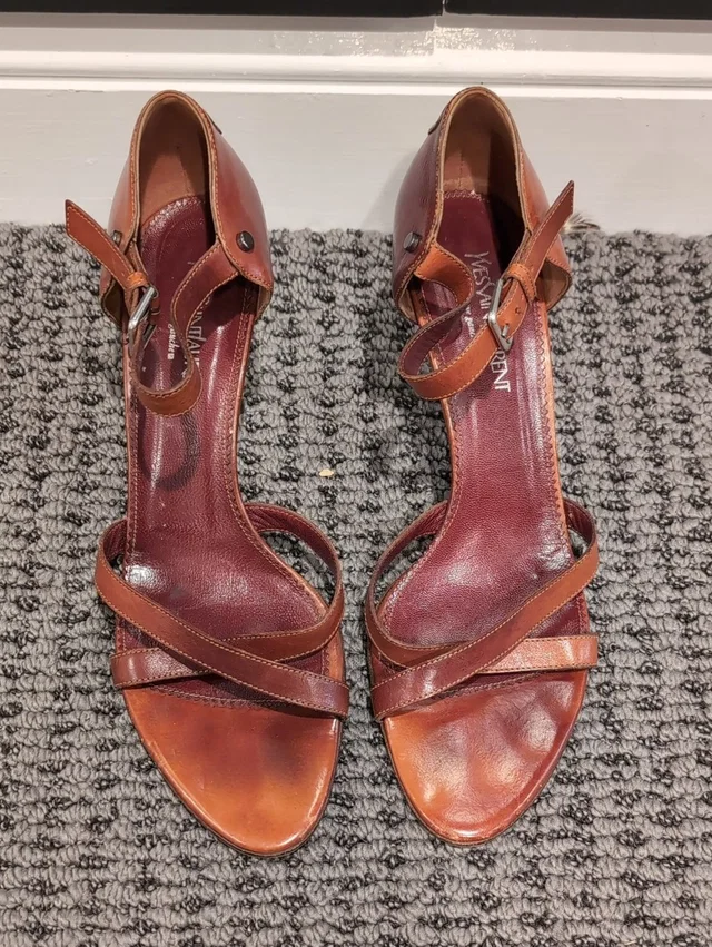 Saint Laurent Brown Leather Strappy Ankle-Heels in brown|red Leather from Poshmark