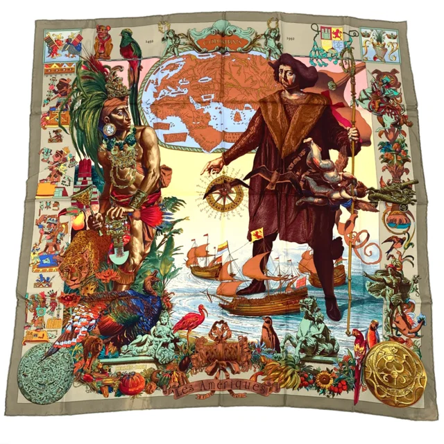 Hermès Carre 90 Scarf Les Ameriques Americas Columbus Silk Multicolor in Multicolor Silk from The Reluxe