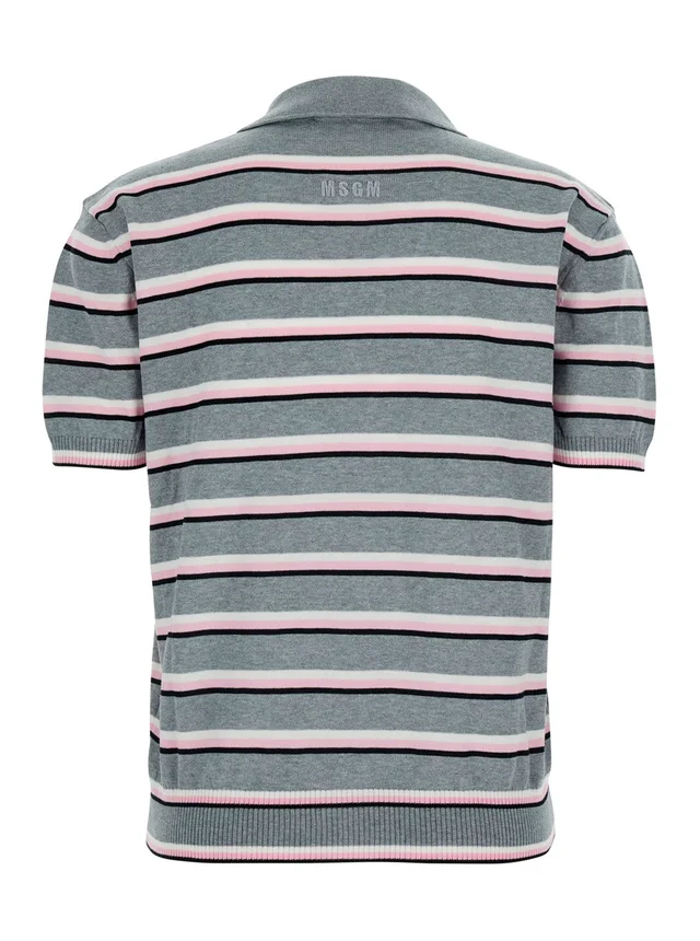 Msgm Grey Polo Shirt with Ribbed Details and All-Over Striped Motif in Cotton for Women in Grey 100% Cotton, photo 4 of 6 from Gaudenzi Boutique