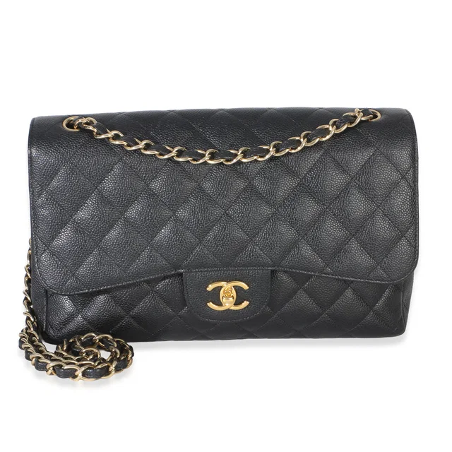 Chanel Black Quilted Caviar Jumbo Double Flap Handbag in Black Caviar leather from myGemma