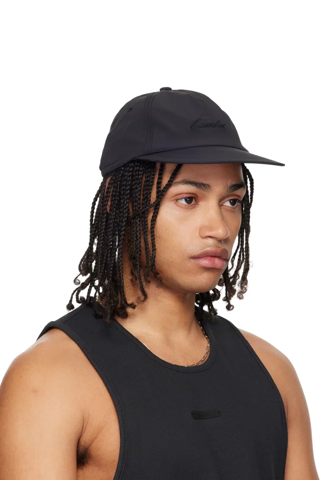 Fear of God ESSENTIALS Black Signature 5 Panel Cap, photo 2 of 3 from SSENSE