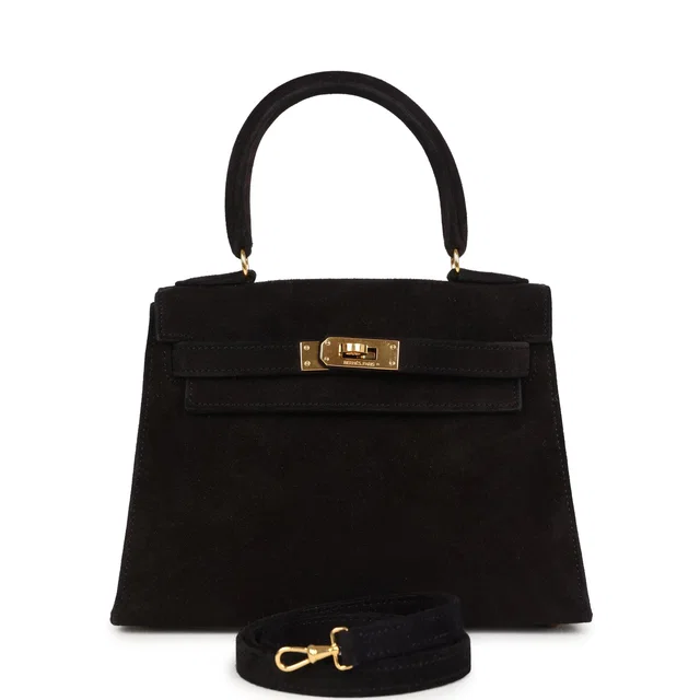 Hermès Vintage Kelly Sellier 20 Black Doblis Gold Hardware in Black Suede from Madison Avenue Couture