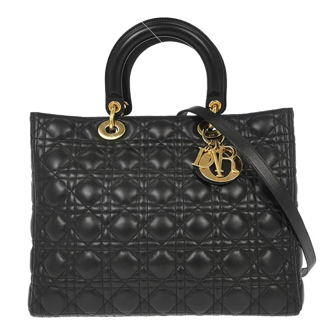 Black Lambskin Large Lady Dior Cannage 2way Shoulder Handbag in Black Lambskin from AMORE Vintage Tokyo