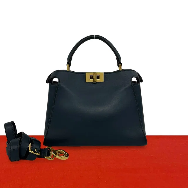 Fendi Peekaboo Iconic Essential Leather 2-Way Shoulder Bag Blue in Blue Leather from The Reluxe