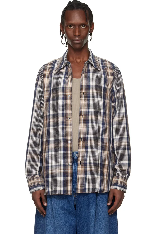 Studio Nicholson Navy & Beige Aaron Levine Edition View Check Shirt, image 1 of 1 from SSENSE