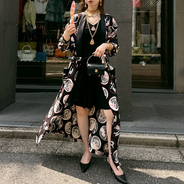 Chanel 2007 Portrait Pattern Gown Black/Red/Ivory in Black Silk from VINTAGE QOO TOKYO
