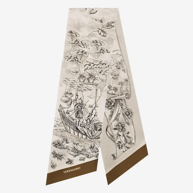 Ferragamo Voyage Print Silk Scarf — Beige Scarfs in Beige Silk from HEWI