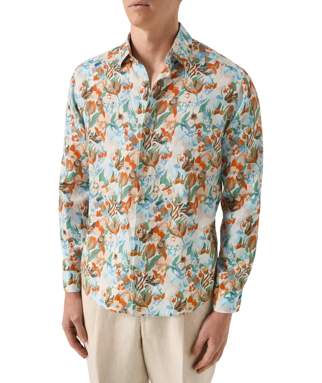 Eton Contemporary-Fit Floral Linen Shirt in Orange Linen & Linen Blends, photo 2 of 6 from Harry Rosen